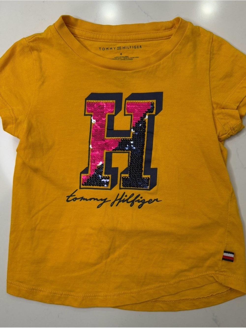 Tommy Hilfiger Girls Size 4 Flip Sequin Logo T-Shirt Mustard Yellow